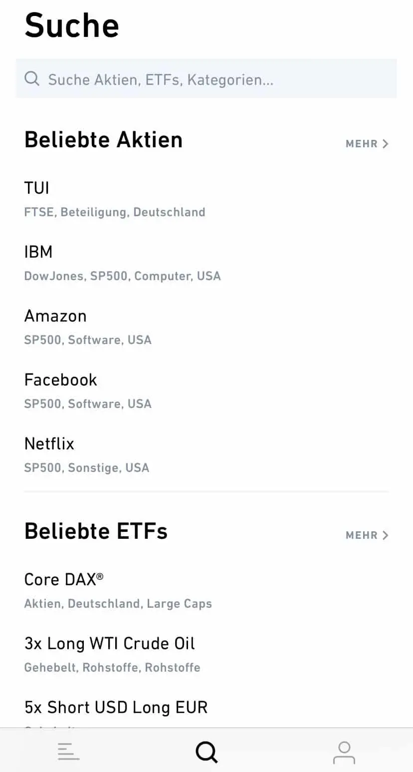 Suche ETFs Derivate Aktien Investieren App