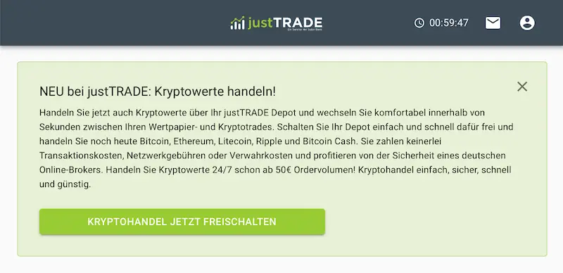 JustTrade Depot Kryptowährungen Freischaltung Erfahrungen Test Testbericht Erfahrungsbericht