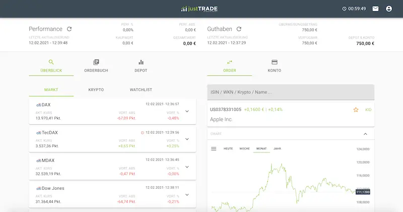 JustTrade Test Erfahrungen Erfahrungsbericht Testbericht Oberfläche Ansicht