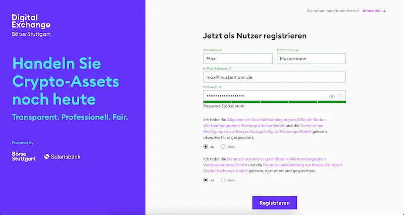 BSDEX-Login Börse Stuttgart Digital Exchange Kontoeröffnung Ethereum